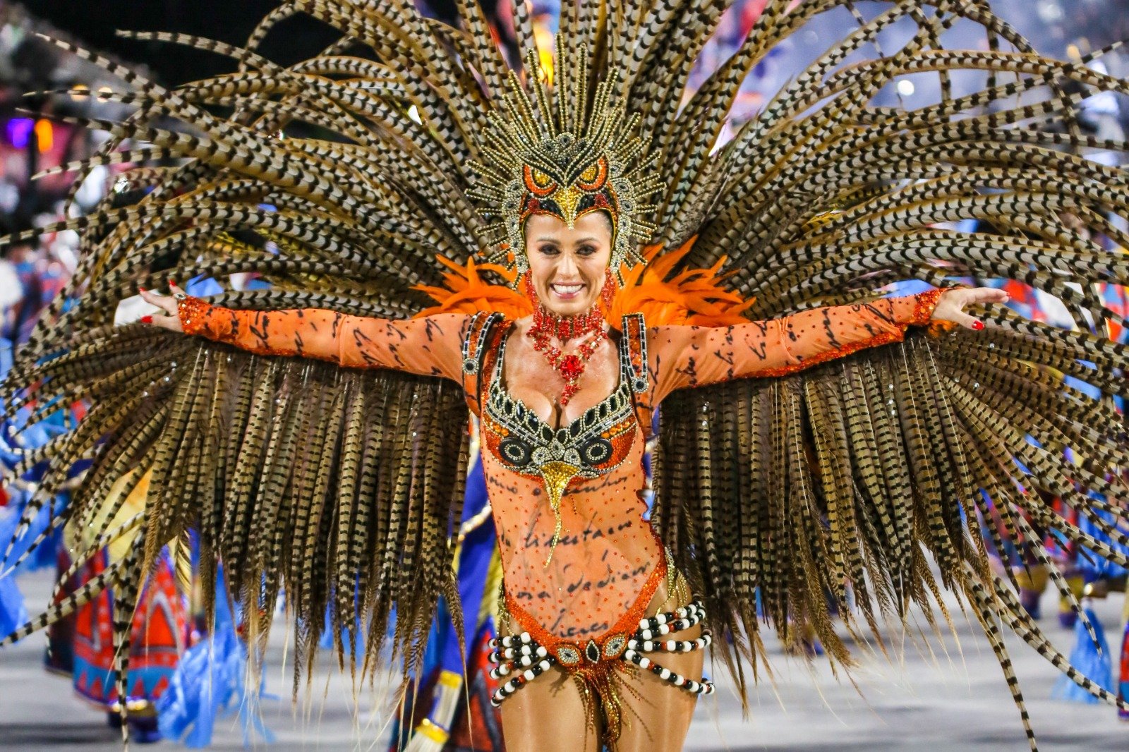 Tatiana Breia comemora 20 anos de Sapucaí com fantasia representando a educação