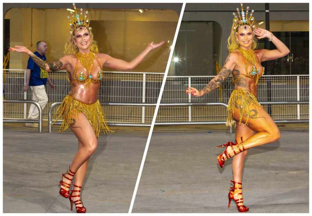 Muss fitness Isis Camargo faz da chuva um manifesto de amor ao carnaval no 1º ensaio técnico do Tucuruvi