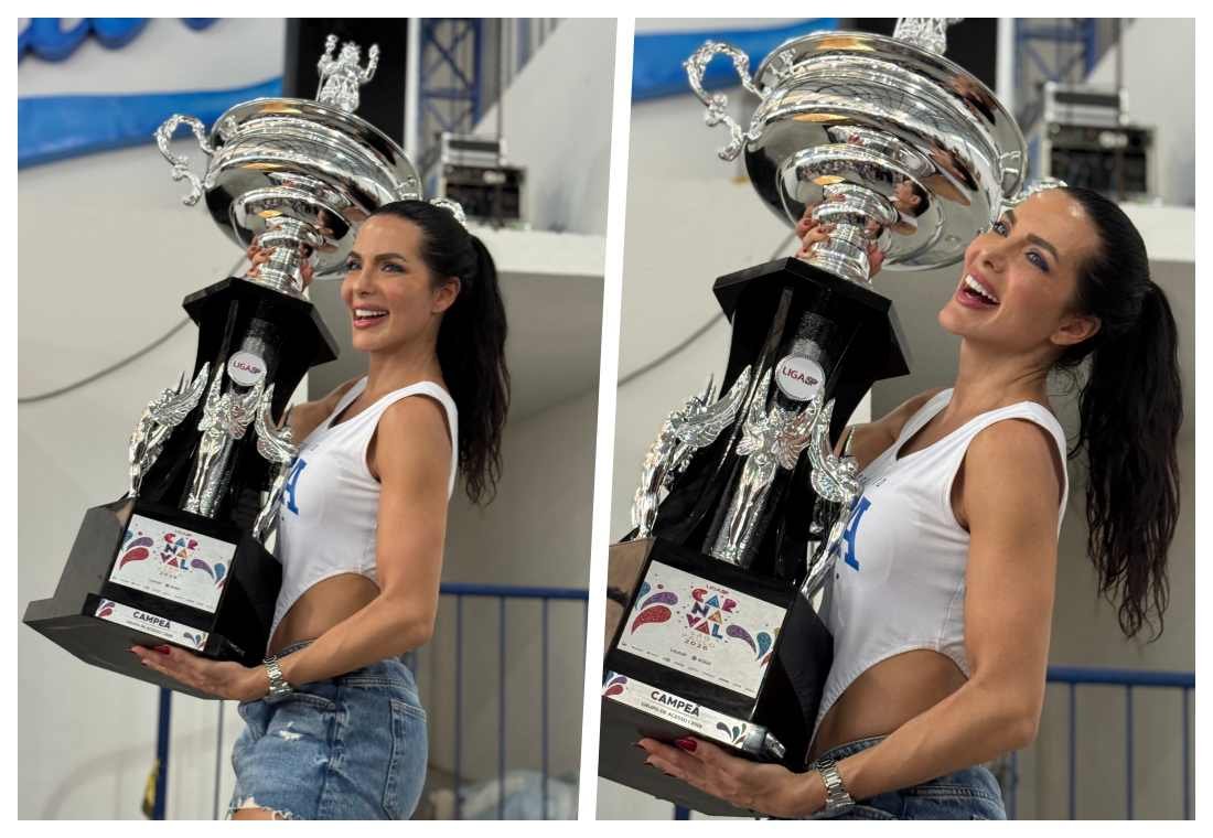 Rainha de bateria Carla Prata comemora campeonato do Tucuruvi com troféu na quadra