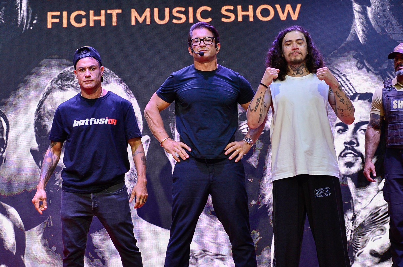 Personalidades participam de entrevista coletiva antes do Fight Music Show, na Zona Sul de SP