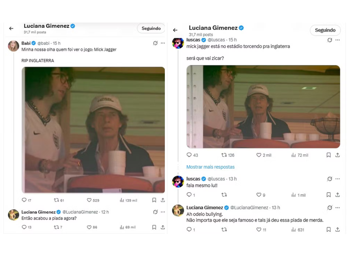 Luciana Gimenez rebate piadas contra Mick Jagger e dispara: "Bullying de mau gosto" - Foto: Reprodução/X 
