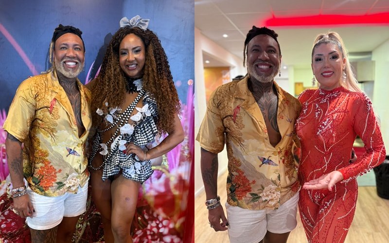 Daniel Zarmanno assina figurinos de musas da Estácio de Sá para Feijoada da agremiação 8 Daniel acompanhado de Lili e Claudia