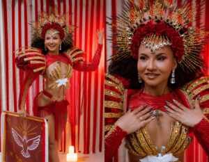 Rayane Dumont homenageia Festa do Divino em figurino para a final de samba da União de Maricá